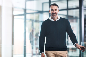 Fototapete - Mature, businessman and portrait with law firm, attorney agency and proud manager for goals, vision and motivation. Happy lawyer, professional company employee and worker in consultant office