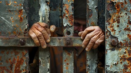 Hands tightly grasping rusty bars in a decrepit, decayed prison setting, evoking feelings of entrapment, neglect, and the harshness of a life behind bars.