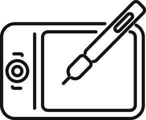 Sticker - Line icon of a digital graphic tablet with a stylus drawing on the screen