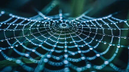 Dark and blue neon cobweb threads background in high quality close up minimalist style, banner