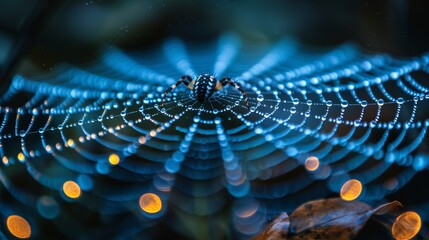 Detailed dark and yellow neon cobweb threads close up, minimalist, background, banner