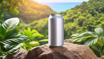 A drink from an aluminum can on top of a rock. Drink can for mockup graphic art on tropical background with natural light.