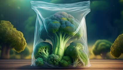 Wall Mural - A clear zip-lock plastic bag with lots of broccoli inside. Broccoli in transparent bag. Transparent vegetable canning plastic bag. Realistic 3D