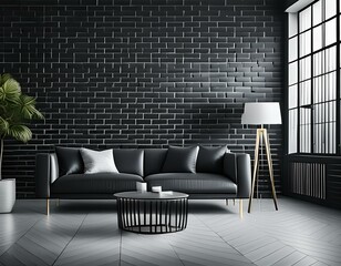 Wall Mural - Black brick wall for background. Large luxury modern minimal bright interiors room. Modern brick wall. 3D realistic illustration. Generative AI 