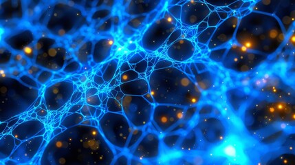 Close up stock photo of blue and gold neon thin cobweb threads in minimalist style, banner