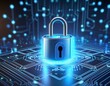© gary - Network security concept data security lock with blue neon effect. Padlock with keyhole in data security on circuit modern safety digital concept. Realistic 3D illustration