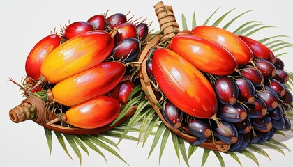 Wall Mural - Palm oil, fruit of the palm tree known as dendezeiro. Palm tree fruits. 3D Realistic organic illustration. On white background