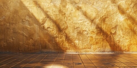 Poster - A photograph of a tiled floor with a yellow wall in the background, perfect for use in interior design or architecture settings