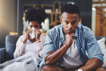 Wall Mural - Ignore portrait, man and couple with fight on sofa for cheating, betrayal or affair with crying and breakup in home. Black people, angry or toxic marriage in living room with disagreement or conflict