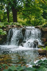 Poster - A waterfall cascades down a rocky slope amidst dense foliage, perfect for nature and travel scenes