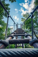Poster - A rope bridge suspended between two trees in a dense forest, great for outdoor and nature-themed uses