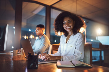 Poster - Night, office and portrait of woman with smile for project report, information and overtime at work. Happy, developer and book with laptop for software development, deadline and open source research