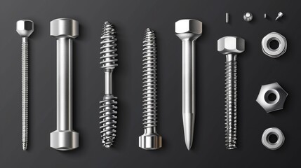 Poster - A close-up shot of various screws and nuts arranged on a dark or black background, ideal for use in illustrations about tools, engineering, or mechanics