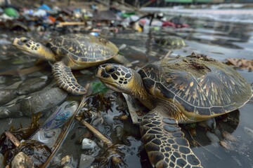 Poster - Two turtles perched on a pile of trash, an unlikely scene