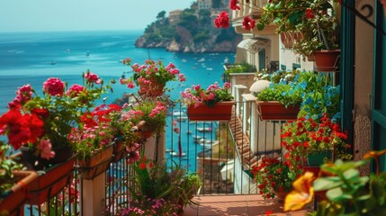 Poster - A cozy balcony overlooking the ocean, adorned with vibrant flowers