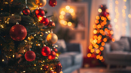 Christmas tree decorated with red and gold ornaments is sparkling in a cozy living room, creating a warm and festive atmosphere