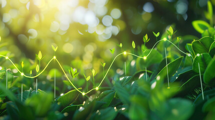 Wall Mural - Green shoots growing forming a growth graph on a blurred natural background. Concept of economic growth, sustainable development and renewable energy