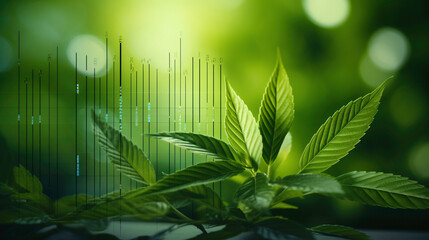 Wall Mural - Green business is growing with rising chart graph over green leaves, symbolizing the successful development of eco friendly companies and investments in renewable energy