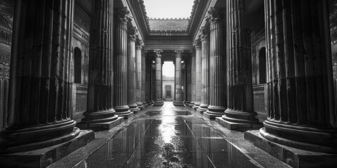 Poster - A classic black and white photograph of a hallway with ornate columns