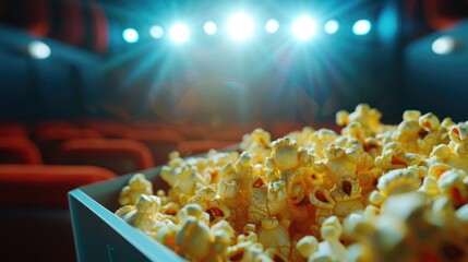 Poster - A box of popcorn sitting in front of a stage with an empty audience