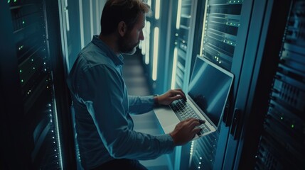 Aufkleber - A person works on a laptop in a computer room with various servers and equipment