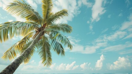 Poster - Coconut palm stands tall on sandy beach, ocean waves crashing in background