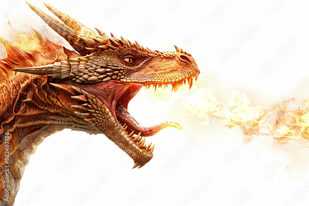 Red dragon with sharp teeth and horns is breathing a powerful jet of ...
