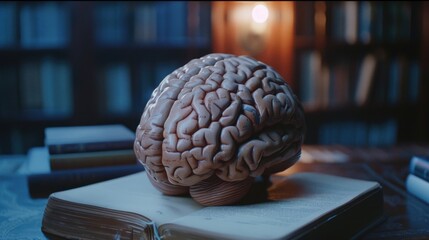 Poster - A brain sits atop an open book, symbolizing knowledge and learning