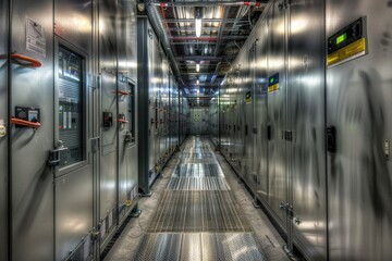 Poster - A long corridor with multiple metal doors, suitable for use in corporate or institutional settings