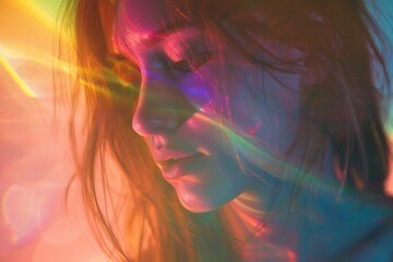 Aufkleber - A close-up shot of a woman's face with a rainbow-colored light in the background
