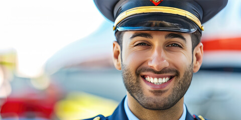 Wall Mural - Flight attendant man smiling on colored background with copy space. Young Steward in uniform banner template.