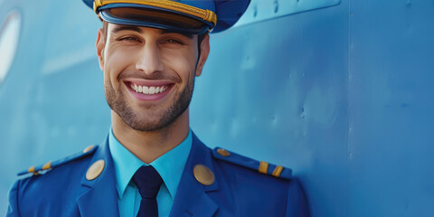 Wall Mural - Flight attendant man smiling on colored background with copy space. Young Steward in uniform banner template.