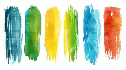 Wall Mural - Six vertical watercolor paint strokes in vibrant colors such as blue, green, yellow, and red, on a white background, perfect for modern and creative designs.