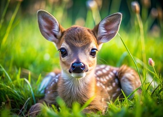 Wall Mural - Adorable baby deer with big round eyes and fluffy fur lies down in a green meadow, gazing innocently at the camera with sweet curiosity.