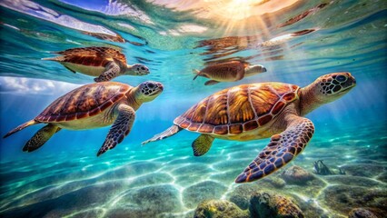 Poster - Serene sea turtles glide effortlessly through calm waters, their shells glistening, fins propelling them forward, showcasing their natural grace in a stunning isolated white setting.