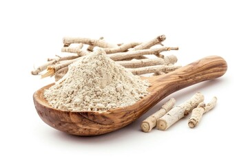 A wooden spoon filled with a pile of powder, suitable for use in various settings such as baking or crafting