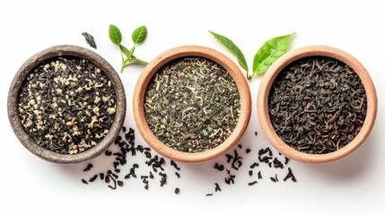 Poster - Three wooden tea bowls filled with different types of tea