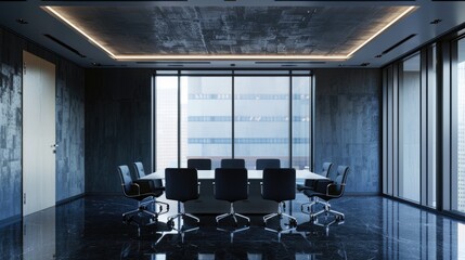 Poster - A modern conference room with a table and chairs, ideal for business meetings and presentations