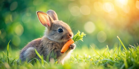 Wall Mural - A sweet baby bunny with soft fur munches on a fresh orange carrot in a bright sun-kissed meadow with vibrant green grass and blurred bokeh.