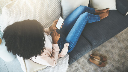 Aufkleber - Black woman, sofa or relax with phone screen or mockup with biometric encryption, password or code for safety. Female person, couch or mobile with security for tech in home above, typing for access