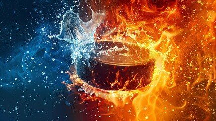 An artistic depiction of a hockey puck engulfed in fire and splashing water, representing the powerful clash of these elements in an intense, dynamic visual composition.