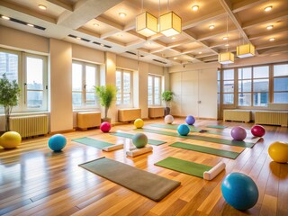 Serene prenatal yoga studio setting with mats, blocks, and balls, warm lighting, and calming colors, evoking a sense of community and wellness for expectant mothers.