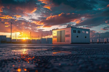 Aufkleber - A small white building sits atop a parking garage, with cars parked below