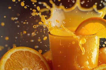 Poster - A glass filled with freshly squeezed orange juice and a splash of liquid, perfect for a refreshing drink