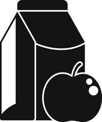 Poster - Simple black and white icon of a school lunch milk carton with a fresh apple