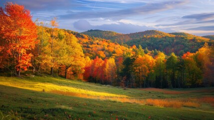 beautiful forest in autumn with yellow and orange trees with a blue sky