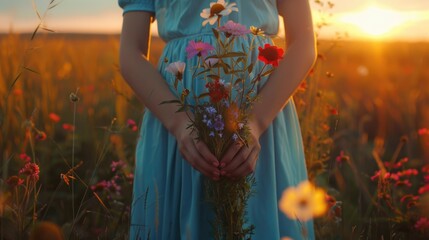 Sticker - A woman wearing a blue dress holds a bouquet of flowers, suitable for wedding or romantic occasion images