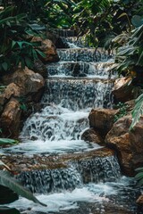 Poster - Small waterfall in the middle of a dense forest with lush greenery and possibly misty atmosphere