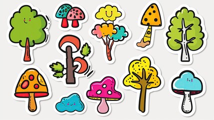 Wall Mural - Graffiti stickers collection, isolated cartoon Hall Tree, white background, vector graphics in clip art style,  generated AI