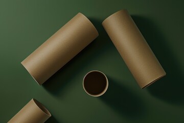Poster - A still life image featuring three rolls of brown paper sitting next to a cup of coffee